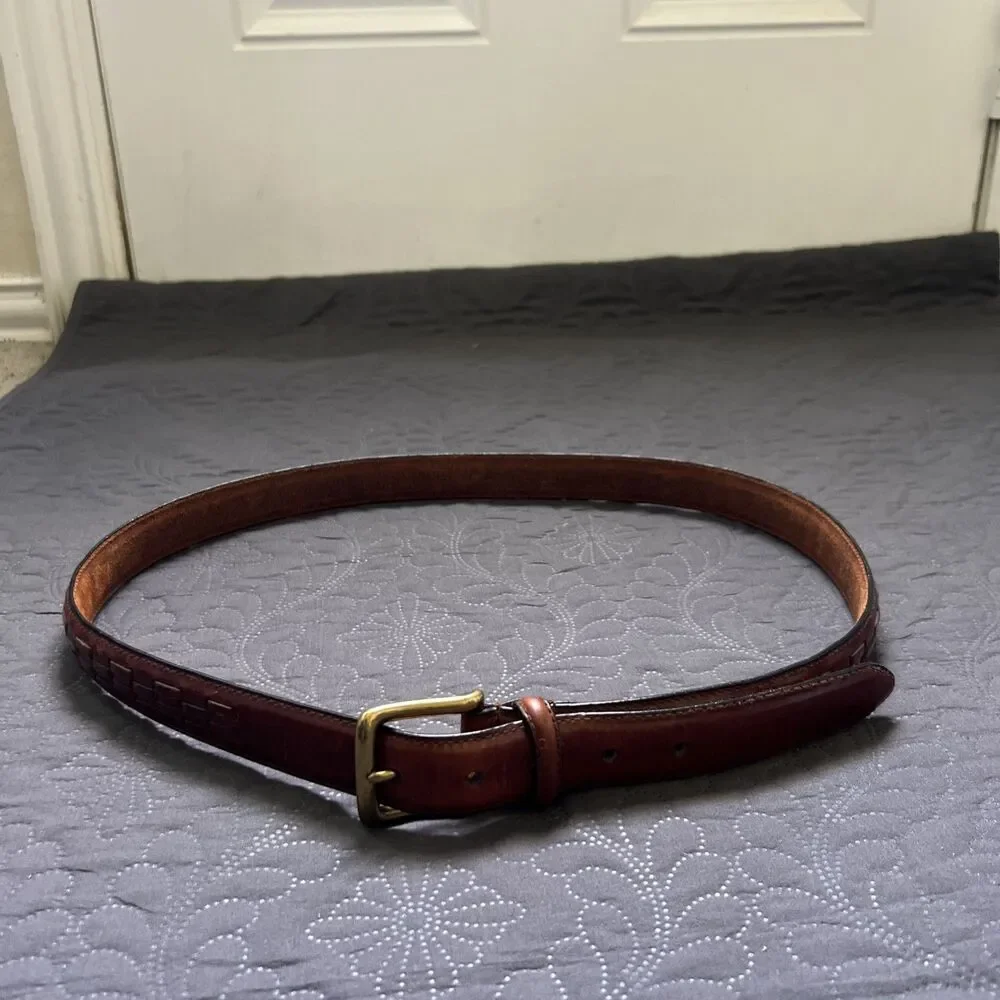 John Henry Full Grain Oil Tan Cowhide Leather Belt SZ38 Brown Woven w/Brass Buck